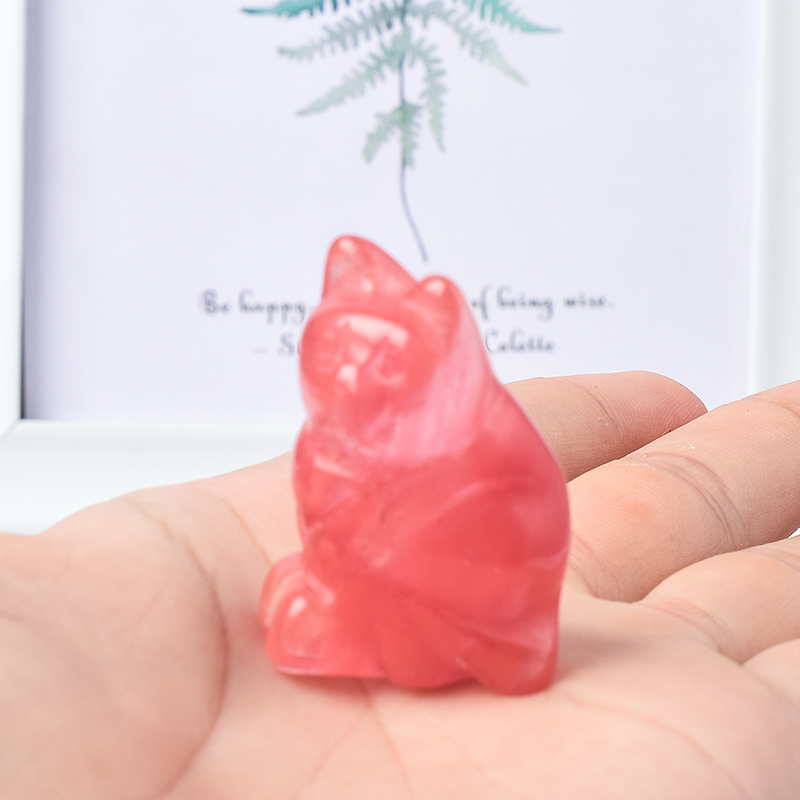  Hand Carved Natural Watermelon Red Stone Small Cat Figurines Gemstone Craft